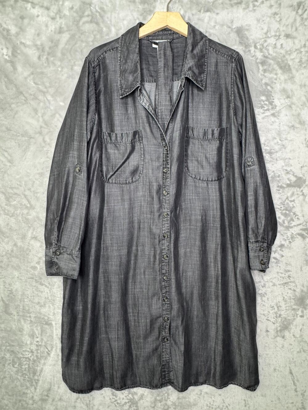 Soft Surroundings Dress Womens 1X Charcoal Black Chambray Button Front Long Line